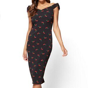 New York & Company Retro Pin Up Style Cherry Print Stretch Knit Dress Size XL